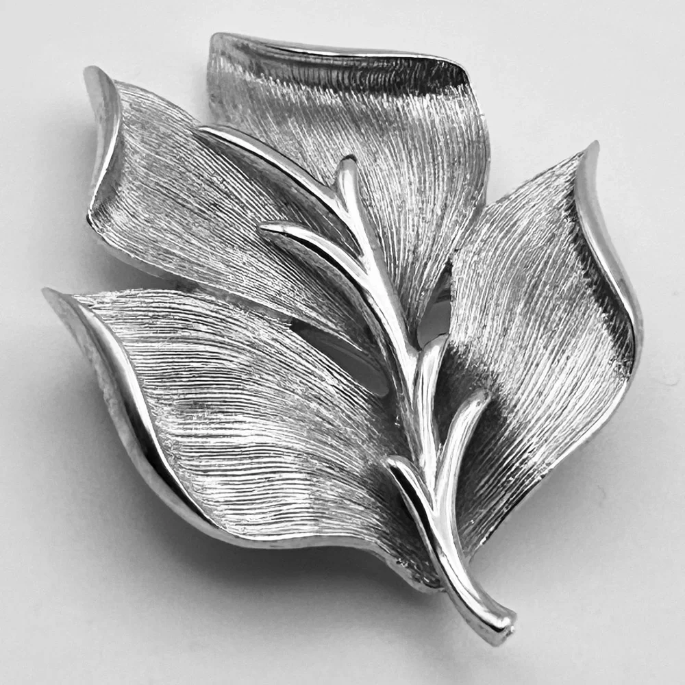 Monet Brushed Silver Tone Leaf Brooch Pin